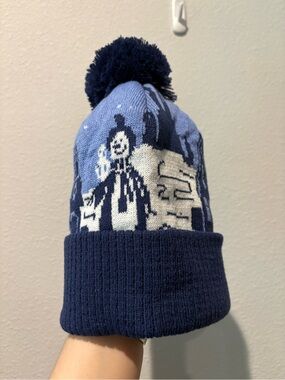 Navy Blue Winter Pom Beanie with Snowman Graphic